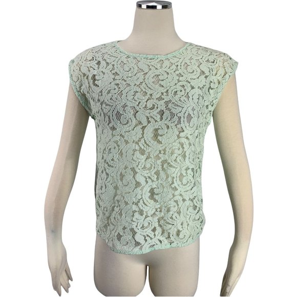 LOFT SP Lace Blouse Small Petite Mint Green Pastel Short Sleeve - Picture 1 of 6